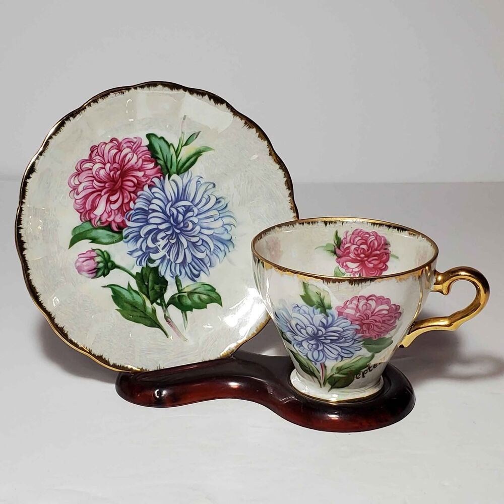 Norcrest Teacup and Saucer September Birthday Aster Vintage